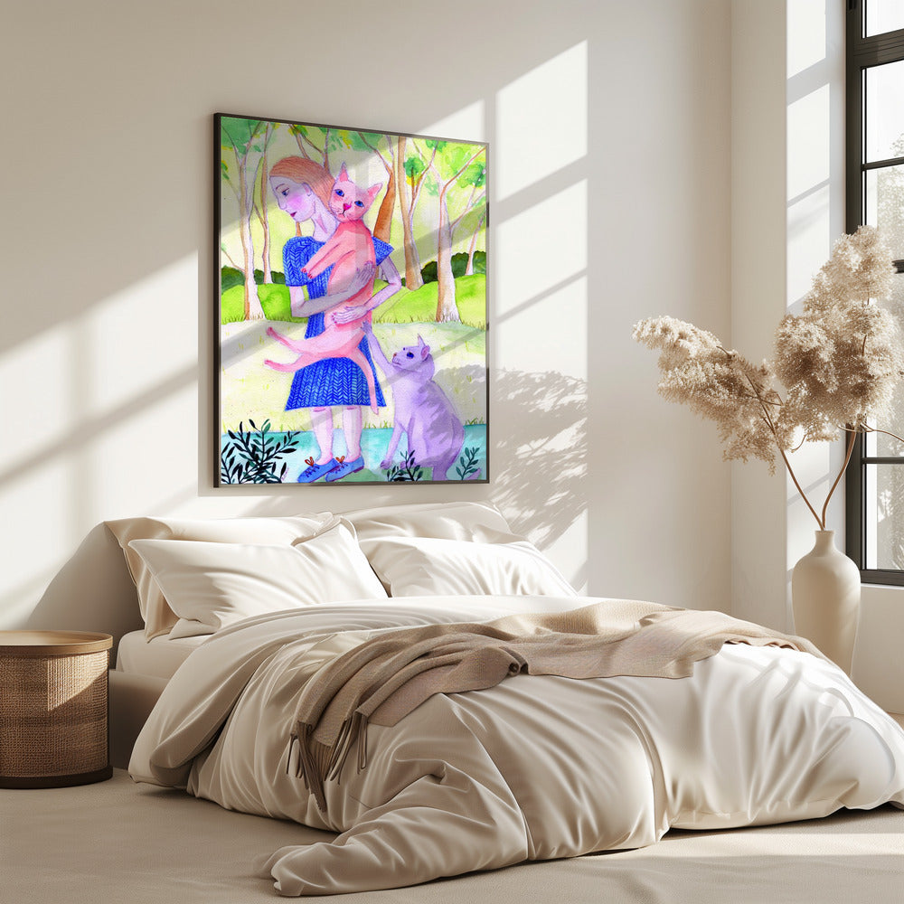 Lady with the pink and blue cat. | Poster