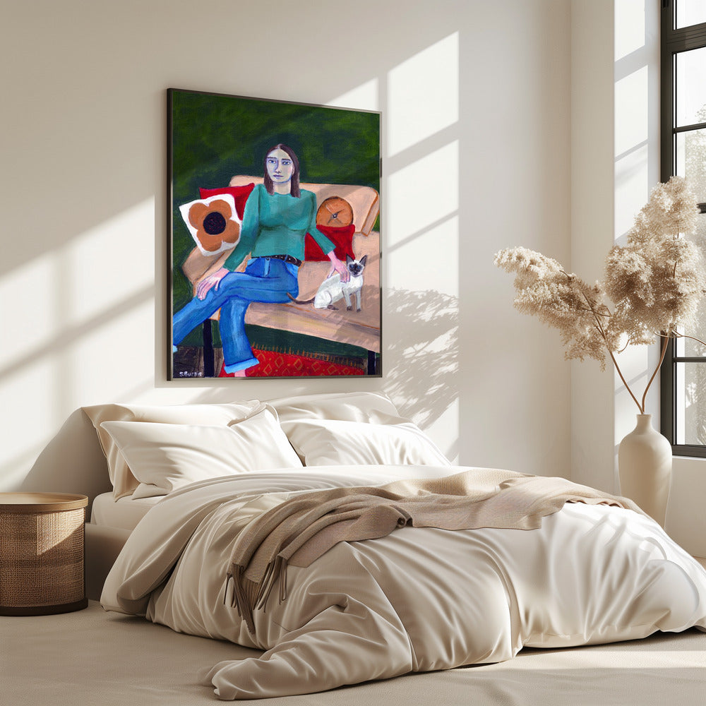 Lady sitting with Siamese Cat | Poster