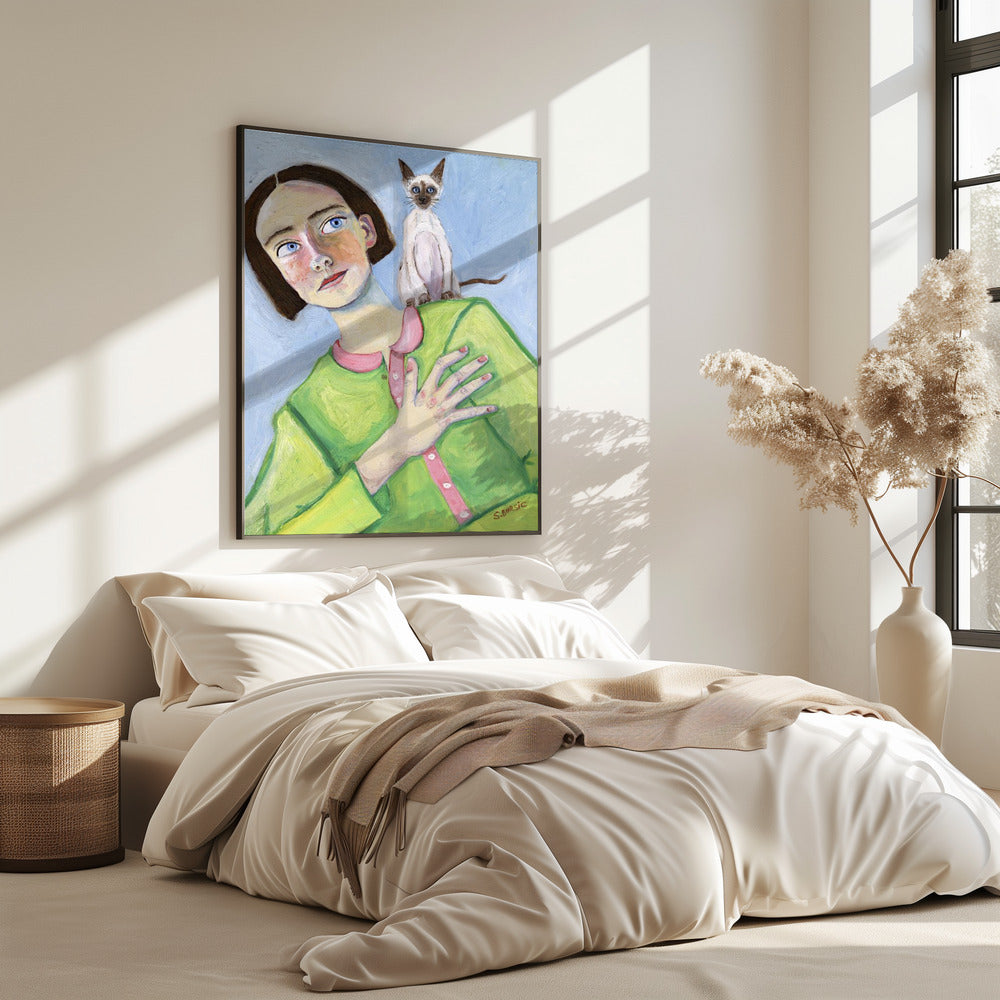 Girl with cat on shoulder | Poster