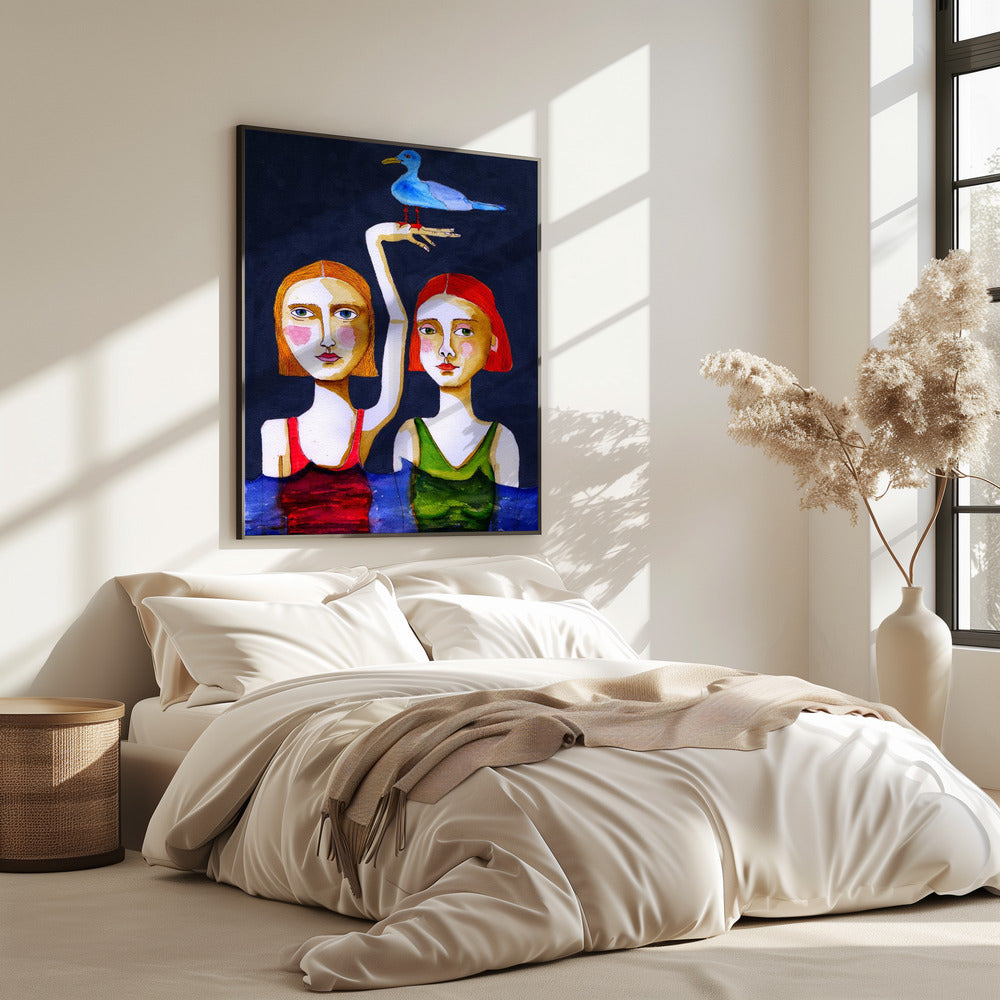 Swimming Girls with Blue Seagul. | Poster