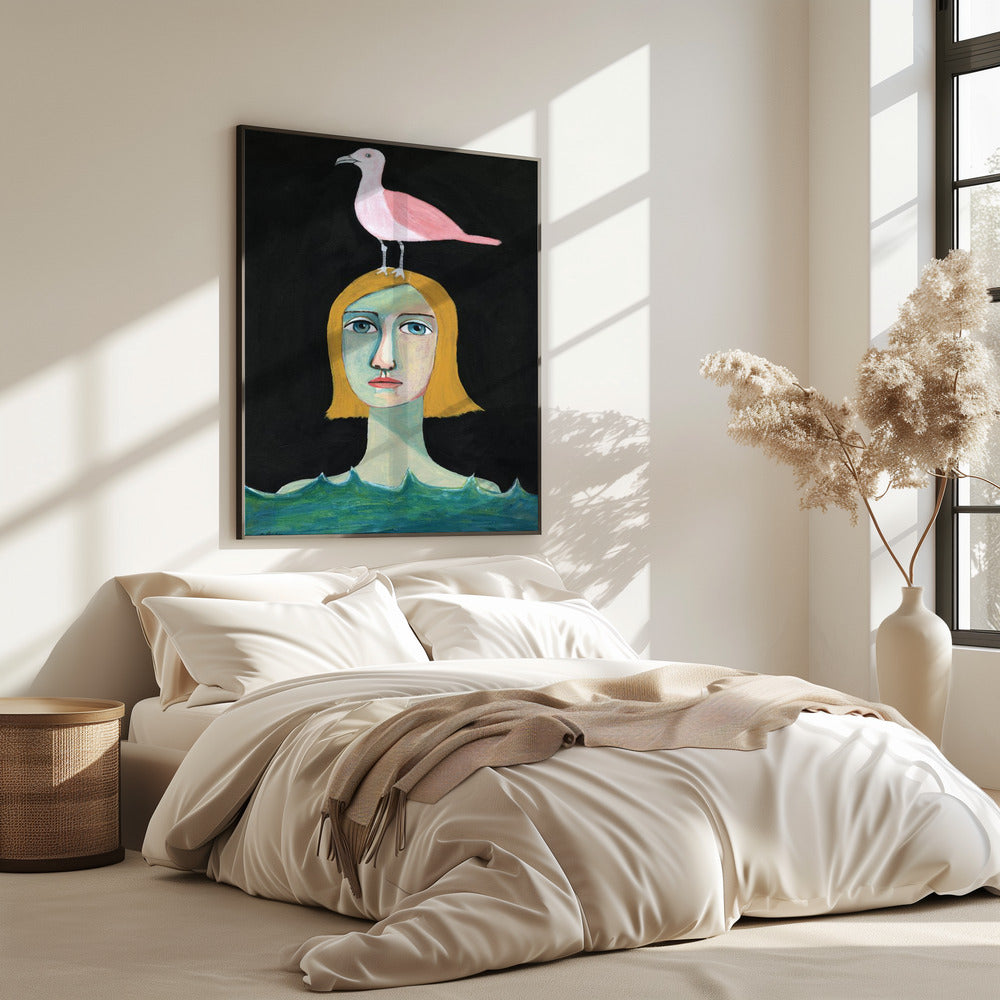 Swimming Girl with Pink Seagull | Poster