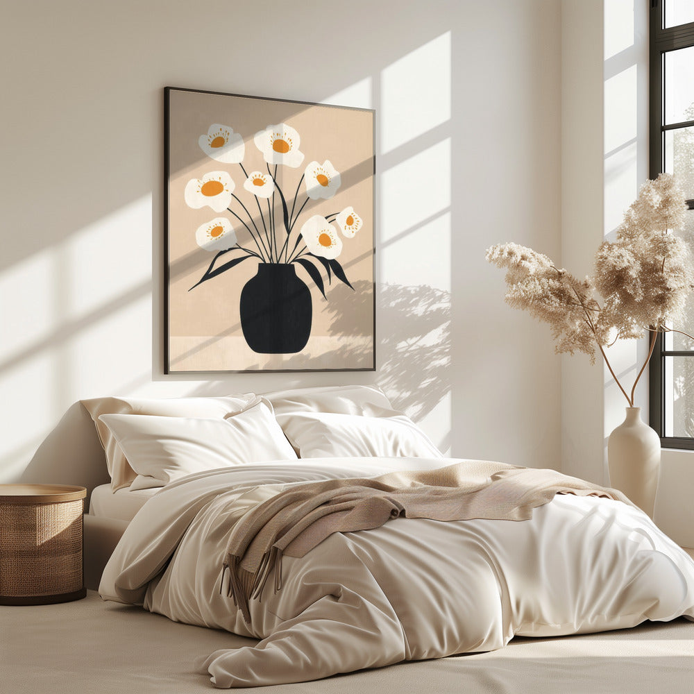 White Flowers in Black Vase | Poster