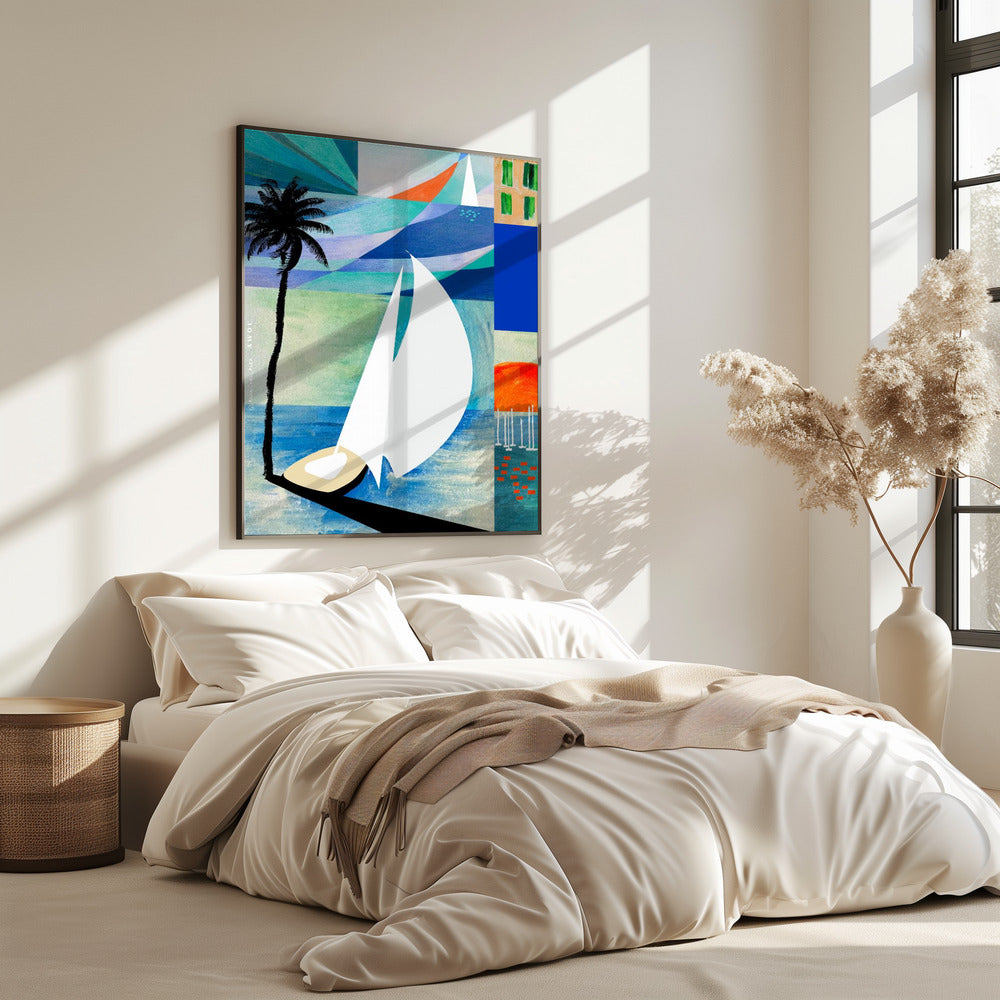 Colourful Mediterranean Travel Art Print With Sunrise And Palm Tree | Poster