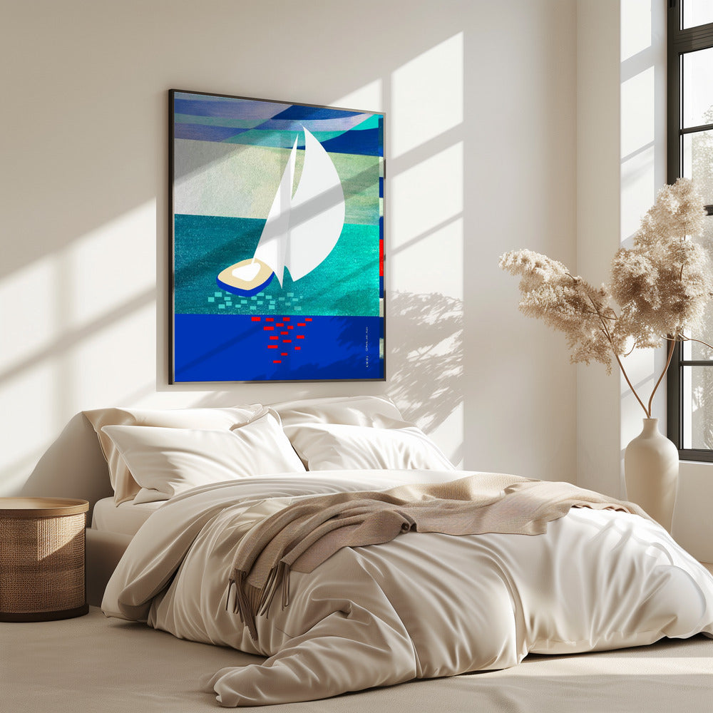 White Sailboat With Reflections, Abstract Sea Art With Graphic Stripes | Poster