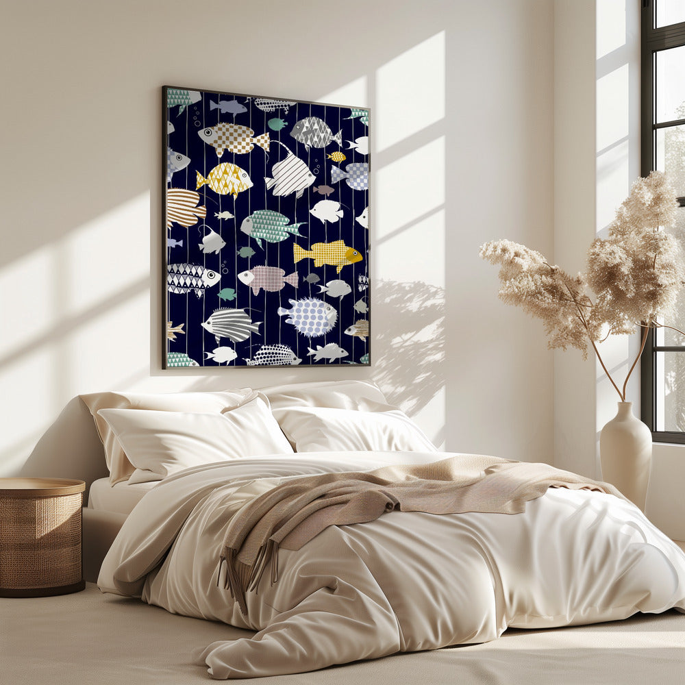 Fresh fish on dark navy blue pattern | Poster