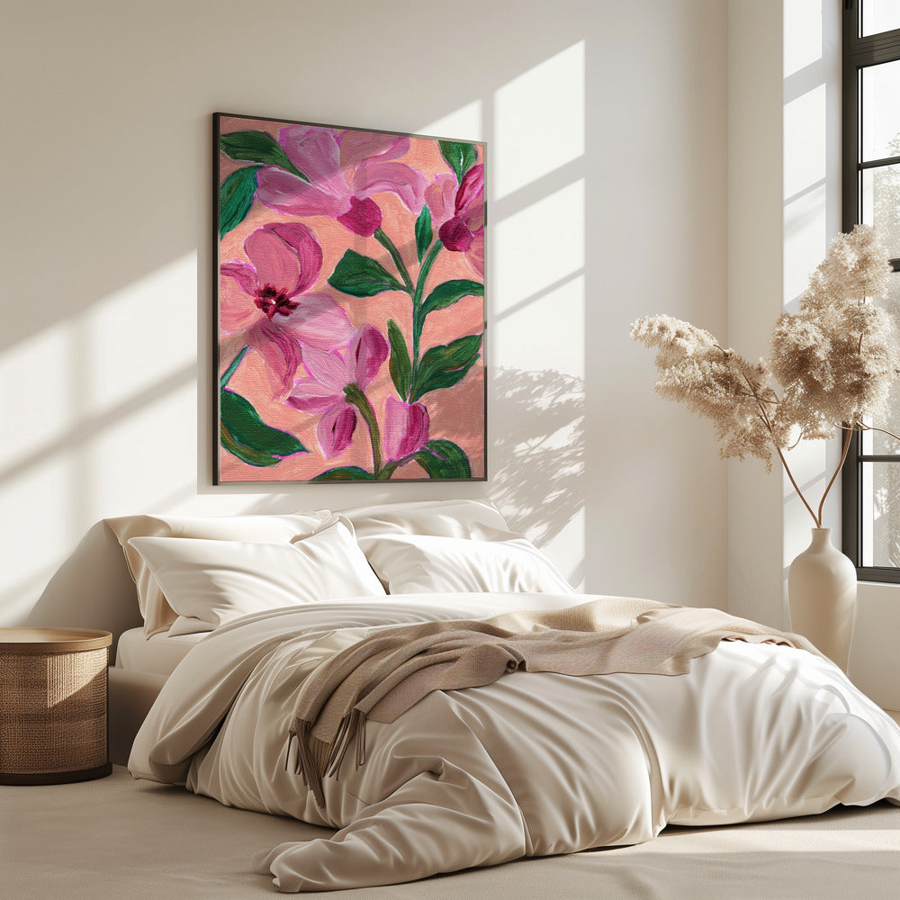 Pink Flowers With Bold Green Leaves | Poster