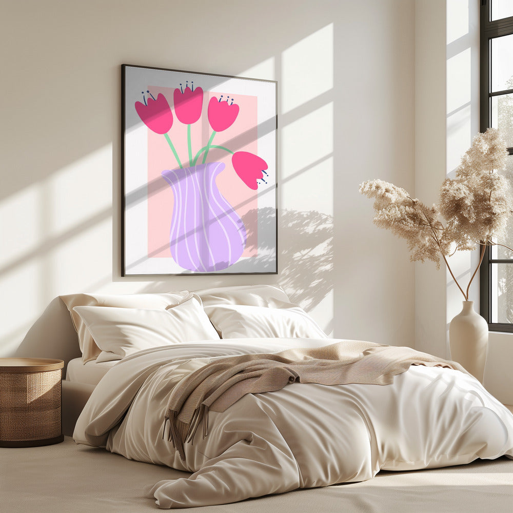 Vibrant Tulips in a Striped Lavender Vase | Poster