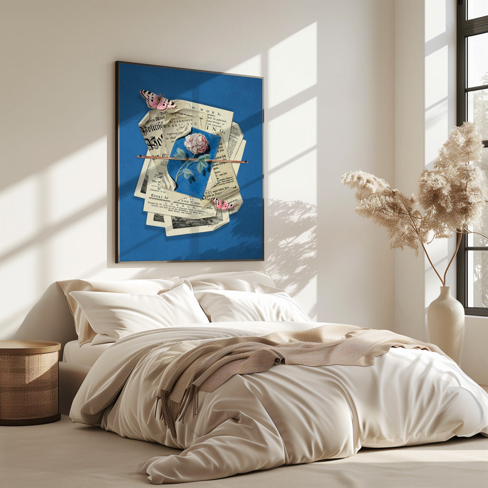 Pink Rose Surrounded By Vintage Paper | Poster