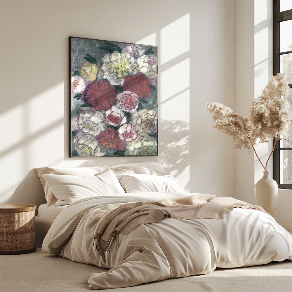 Vibrant Red And White Peonies | Poster