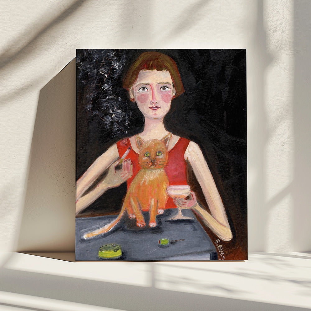 Vintage woman with cocktail and cat | Canvas