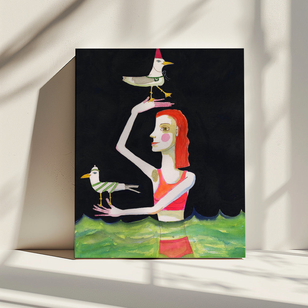 Swimming Lady with birds | Canvas