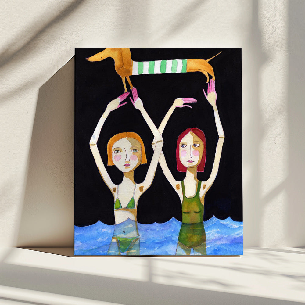 Swimming Girls with Sausage Dog | Canvas