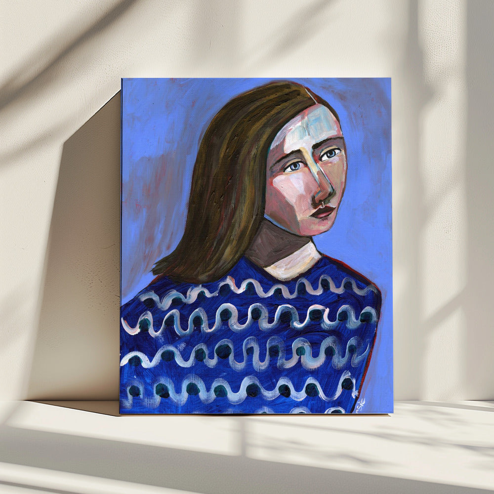 Woman in Blue Sweater Naive Portrait Figurative | Canvas