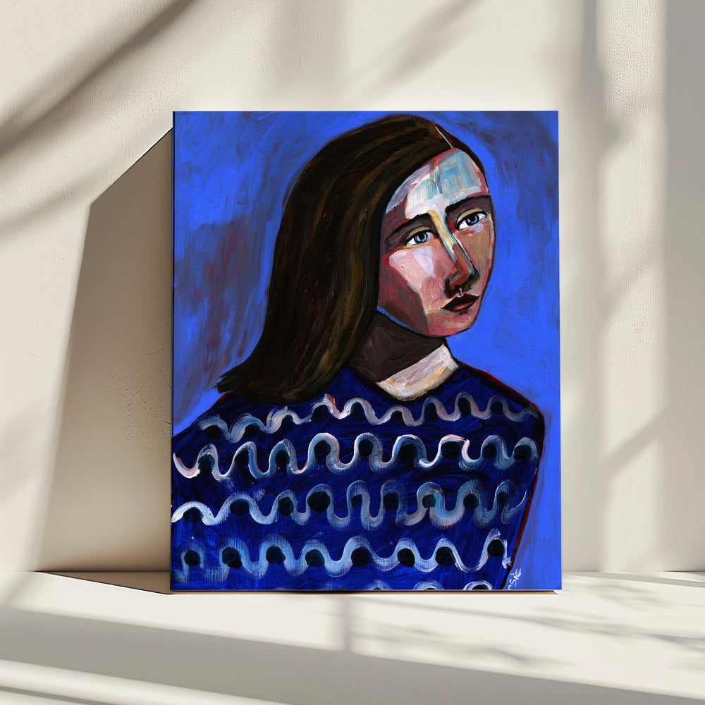 Woman in Blue Sweater Naive Portrait Figurative | Canvas