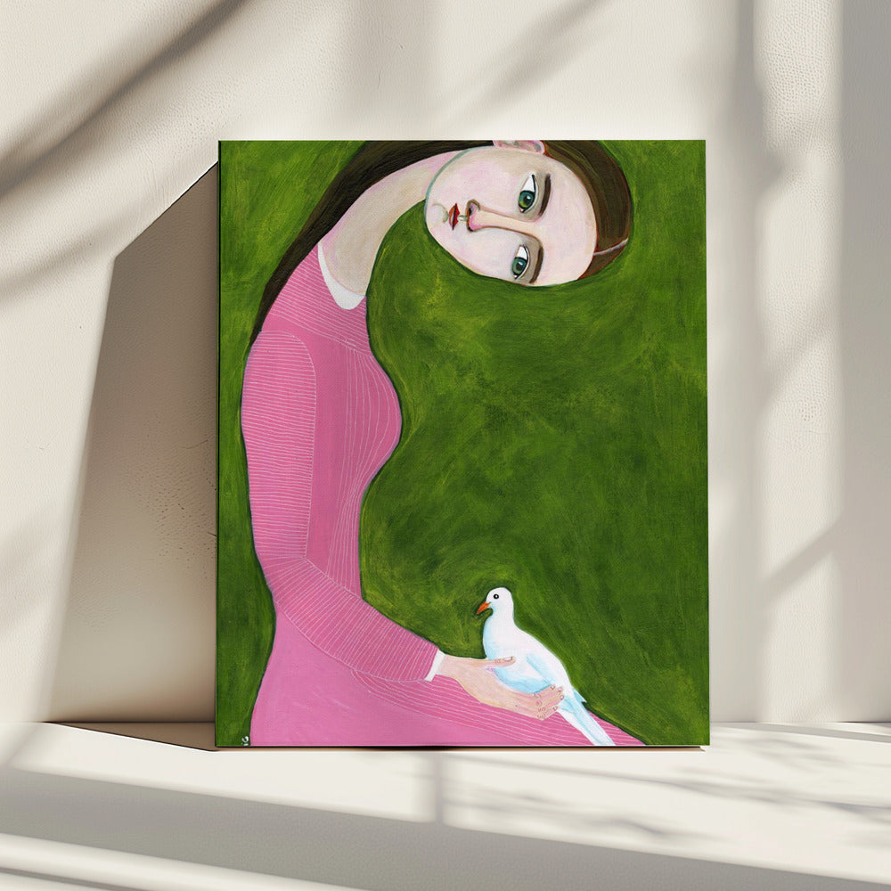 Girl with Dove sitting with pink dress | Canvas