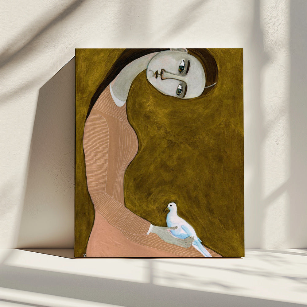 Girl with Dove sitting with pink dress | Canvas