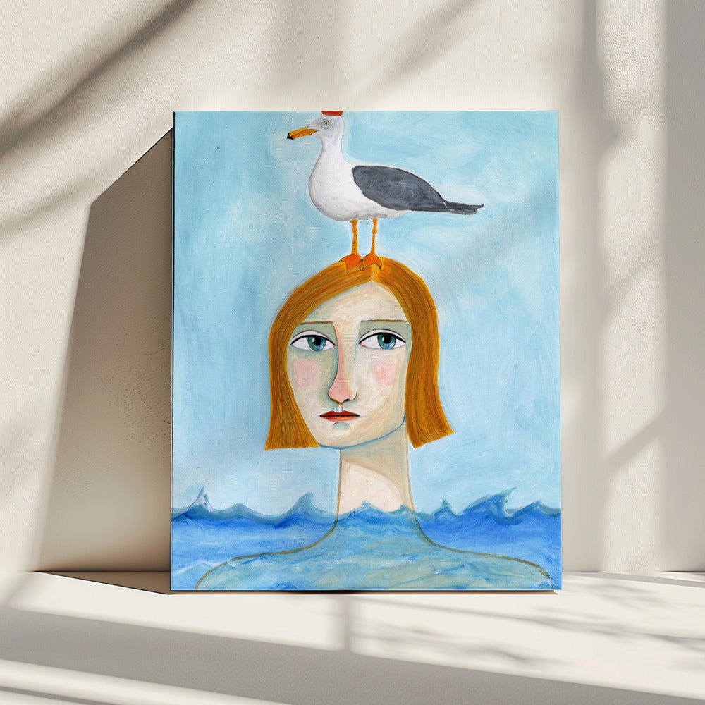 Nude Lady in Ocean with Seagull | Canvas
