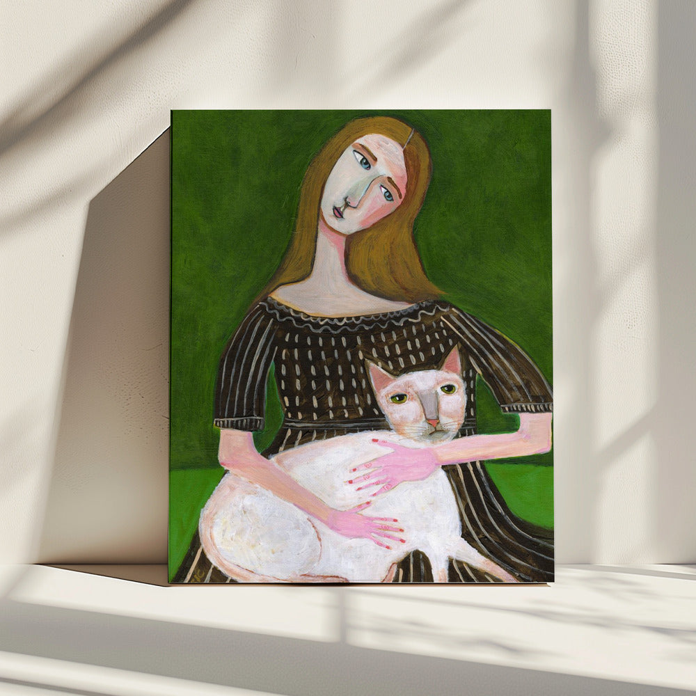 vintage lady with white cat | Canvas