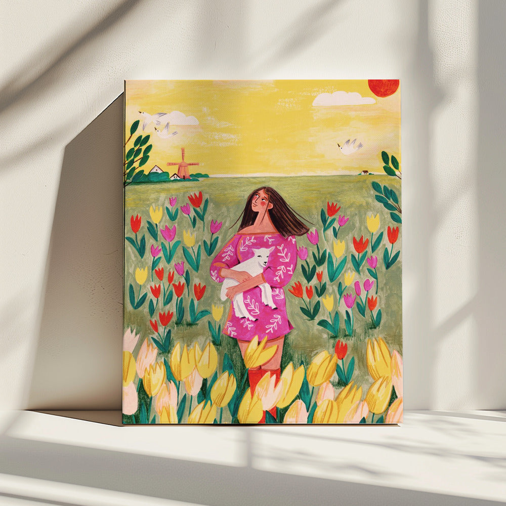 Woman in spring tulip field | Canvas