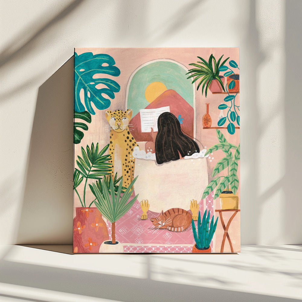Woman taking bath in pink tropical bathroom | Canvas