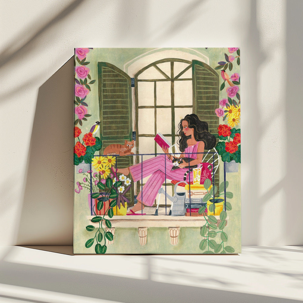 Woman reads on balcony | Canvas