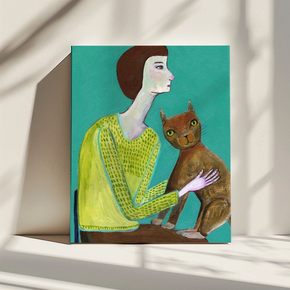 Lady Sitting with Brown Cat Cat Lover | Canvas