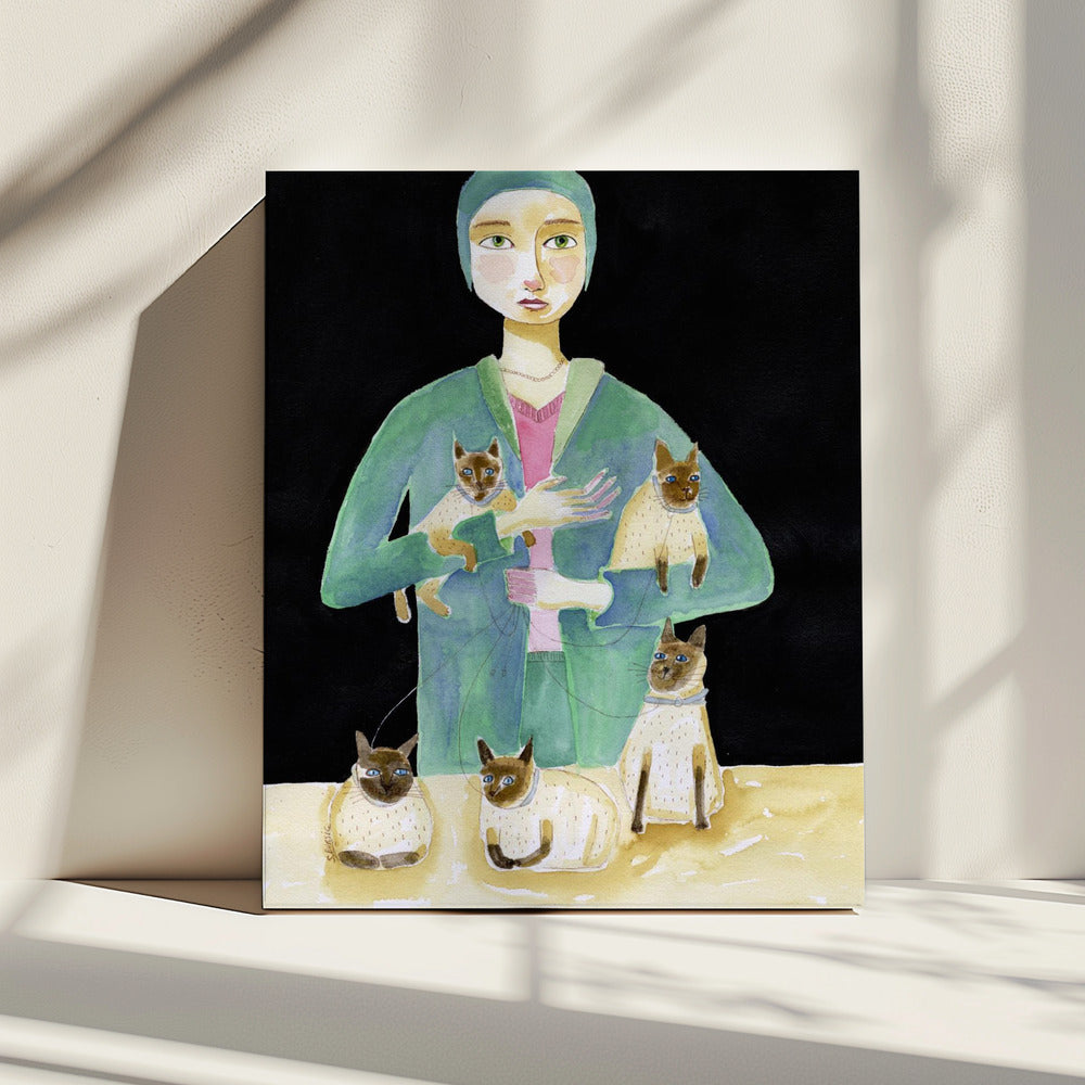 Lady with Five Siamese Cats | Canvas