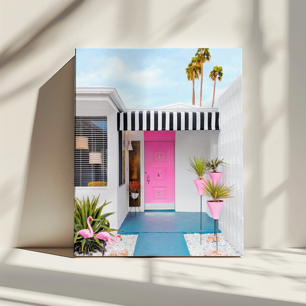 Pink Door with Yard Flamingos | Canvas