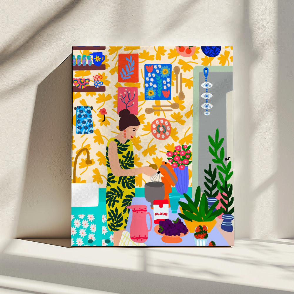 A Woman In A Kitchen With Flowers | Canvas