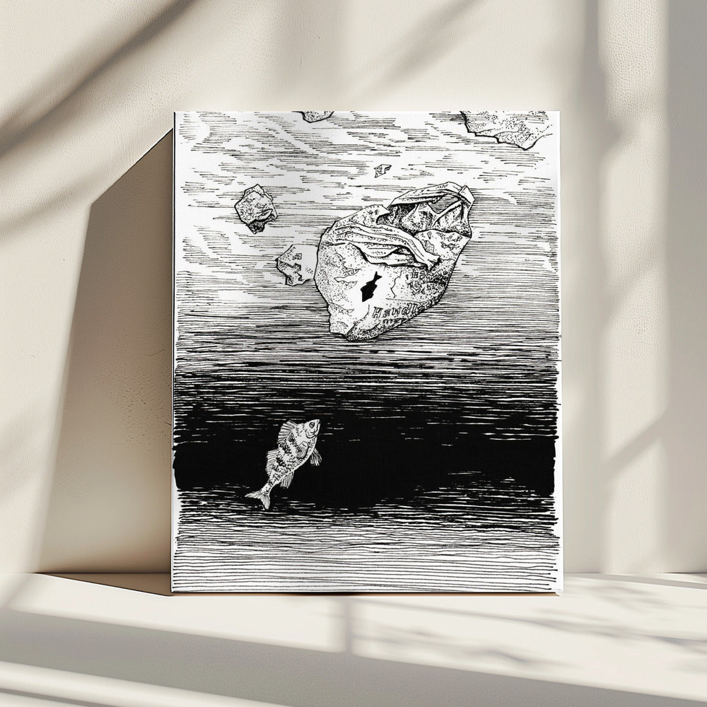 Midless. A Fish in the Plastic Sea Ink Drawing. | Canvas