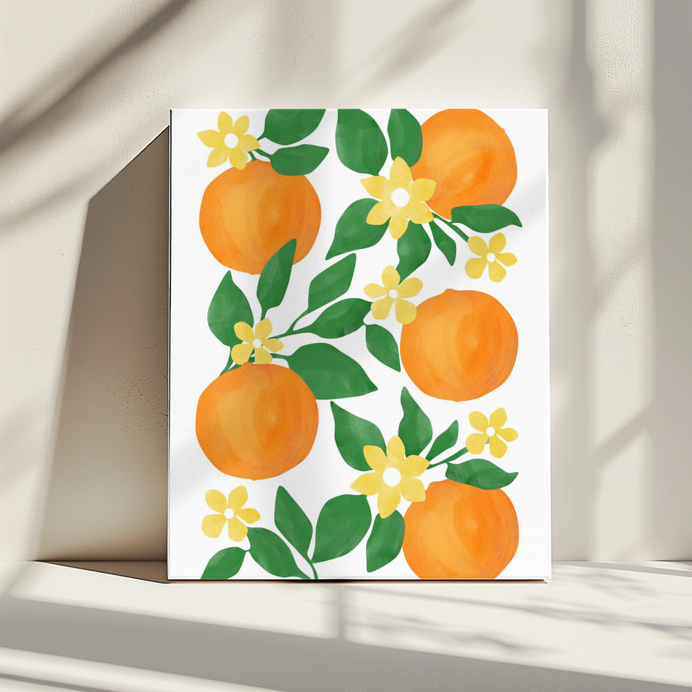 Oranges with Green Leaves and Delicate Yellow Flowers | Canvas