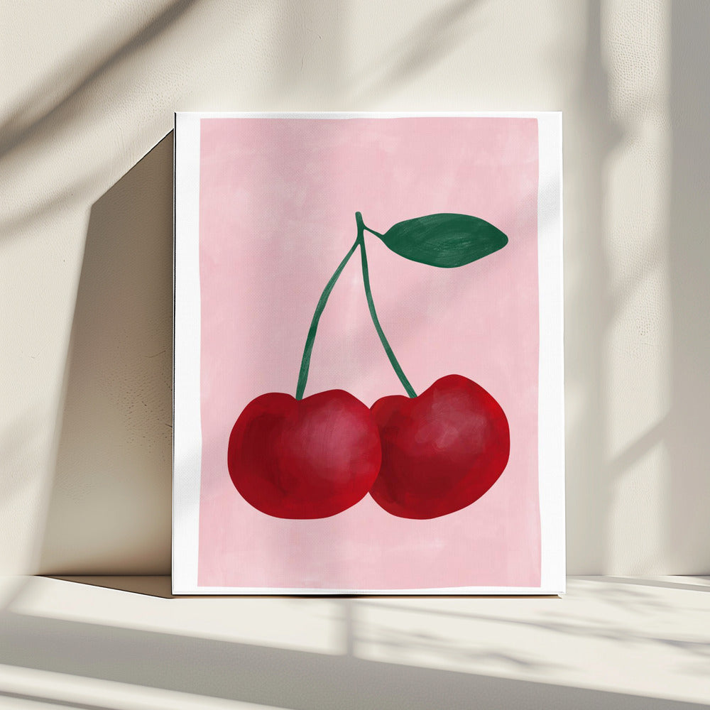 Red Cherries with a Green Leaf | Canvas