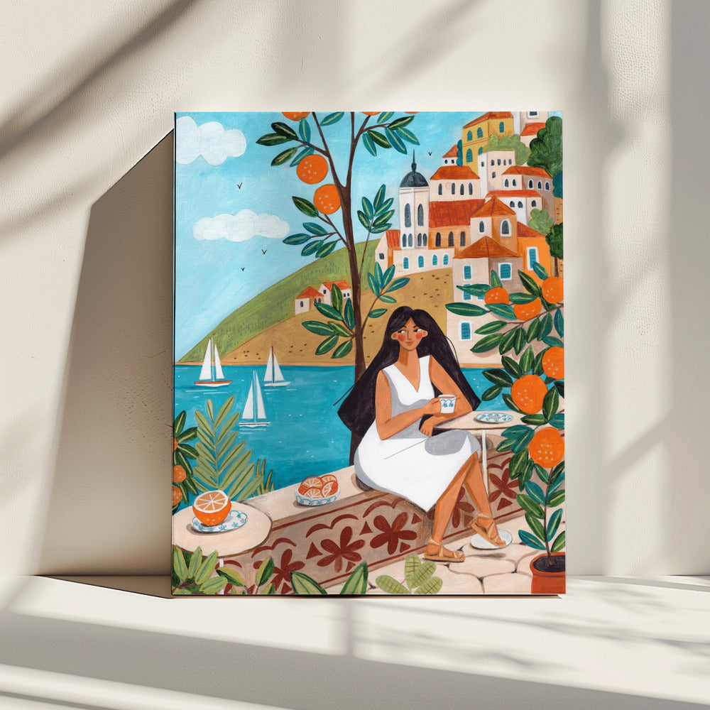 Travel poster woman in Mediterranean coast | Canvas