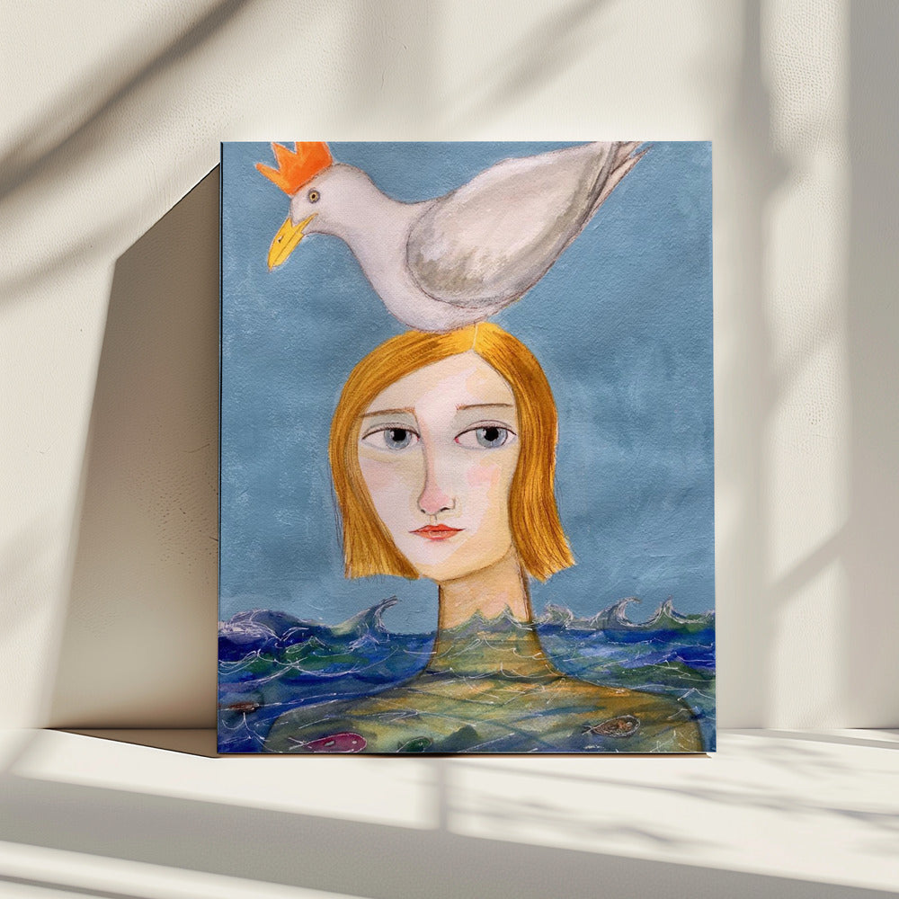 Lady swimmer with seagull | Canvas