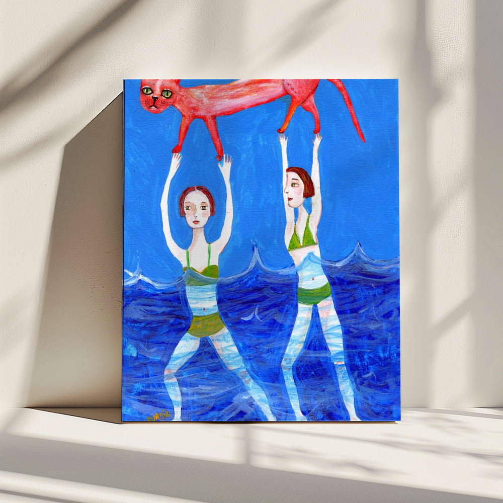 Two swimmers with pink cat | Canvas