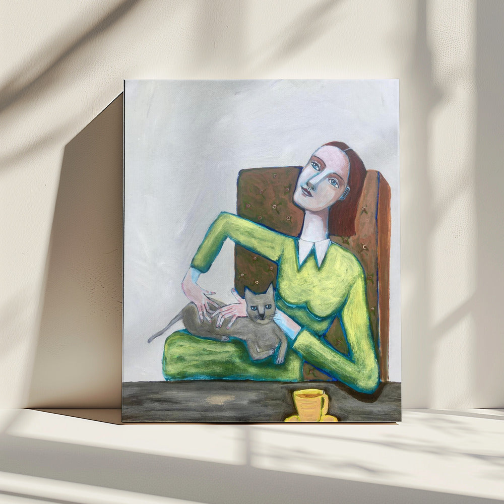 Lady tickling grey cat in chair | Canvas