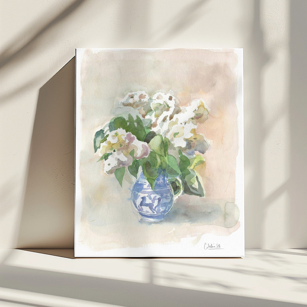 White lilacs in a vase watercolor. | Canvas