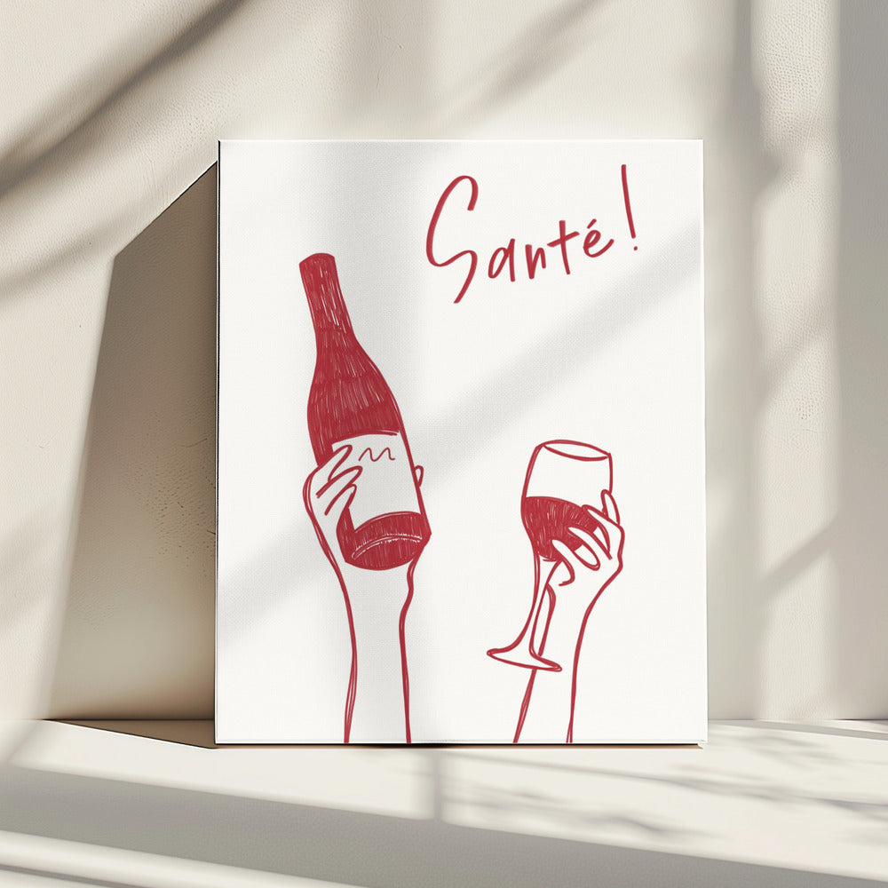 Hands holding a wine bottle and a wine glass with the text &quot;Cheers!&quot; in French | Canvas