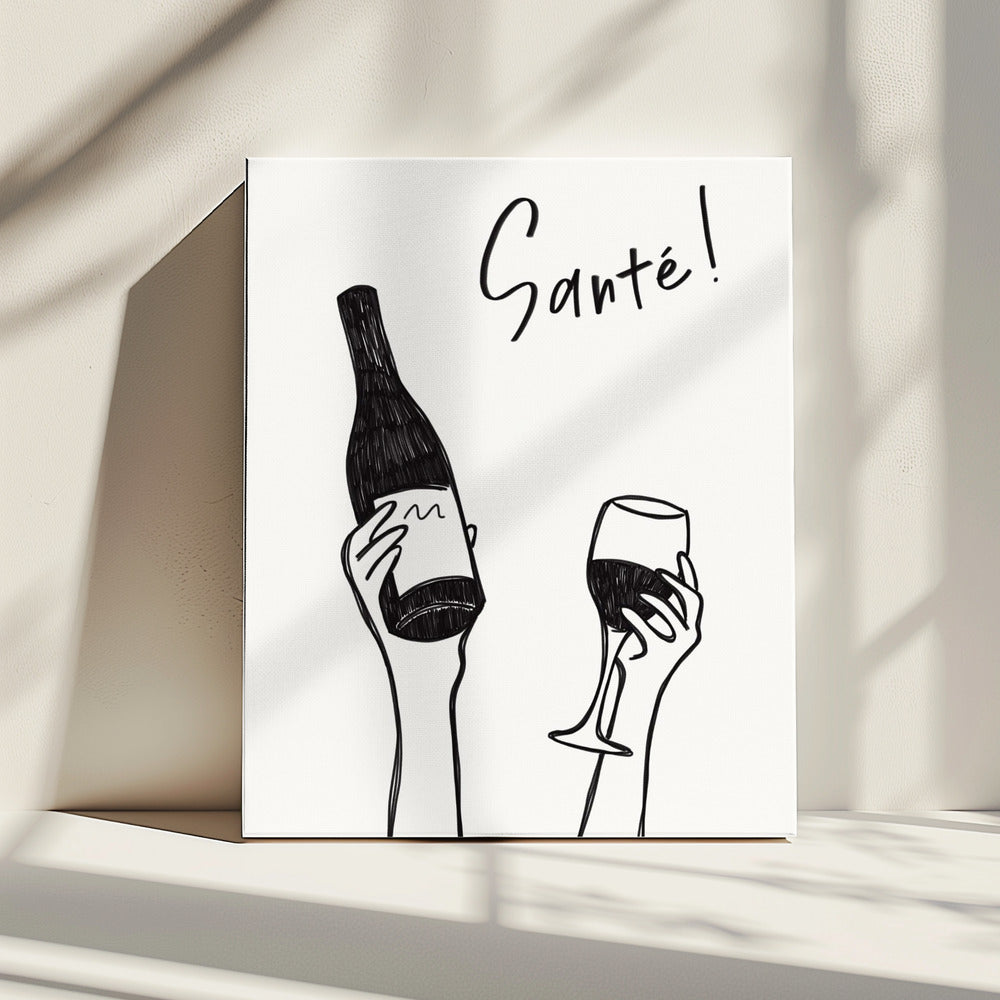 Hands holding a wine bottle and a wine glass with the text &quot;Cheers!&quot; in French | Canvas