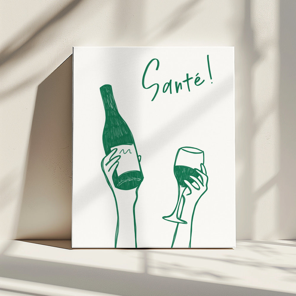 Hands holding a wine bottle and a wine glass with the text &quot;Cheers!&quot; in French | Canvas