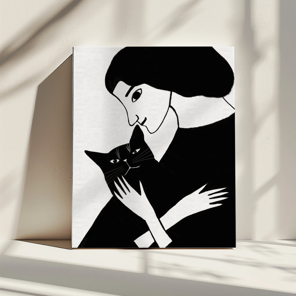 Cat Lady with Black Cat | Canvas