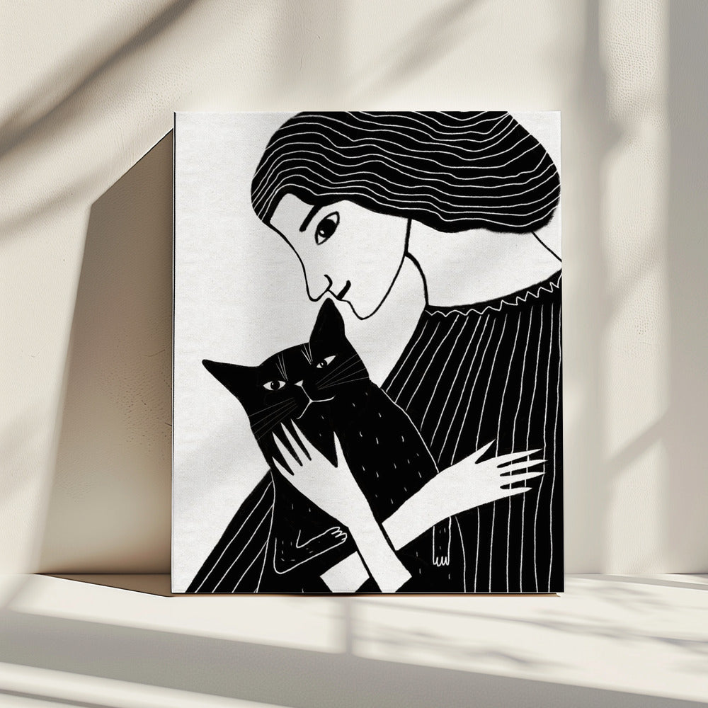 Cat Lady with Black Cat | Canvas