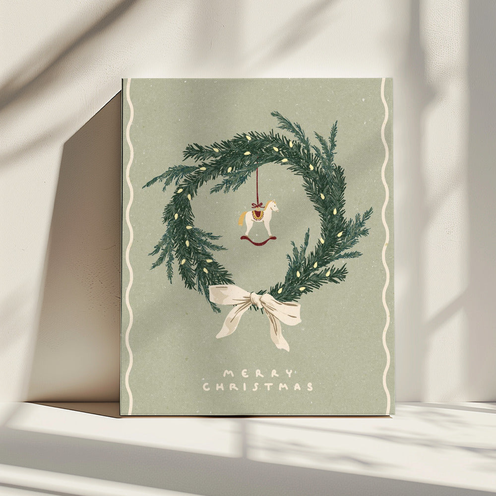 Horses toy on Christmas wreath with bow | Canvas