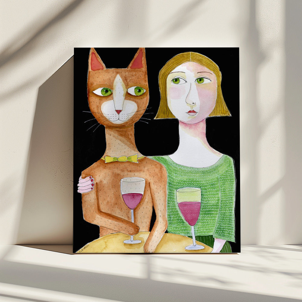 Best Friends Cat and Lady drinking wine | Canvas