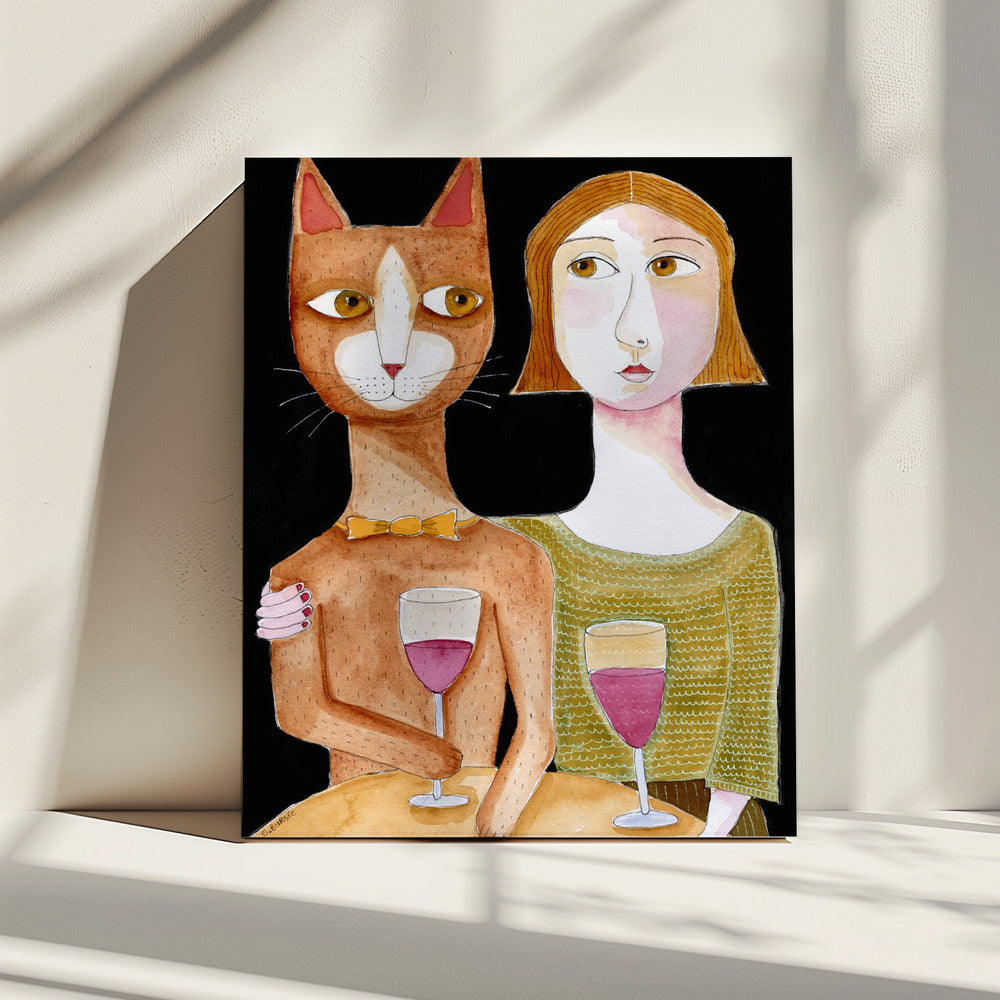 Best Friends Cat and Lady drinking wine | Canvas