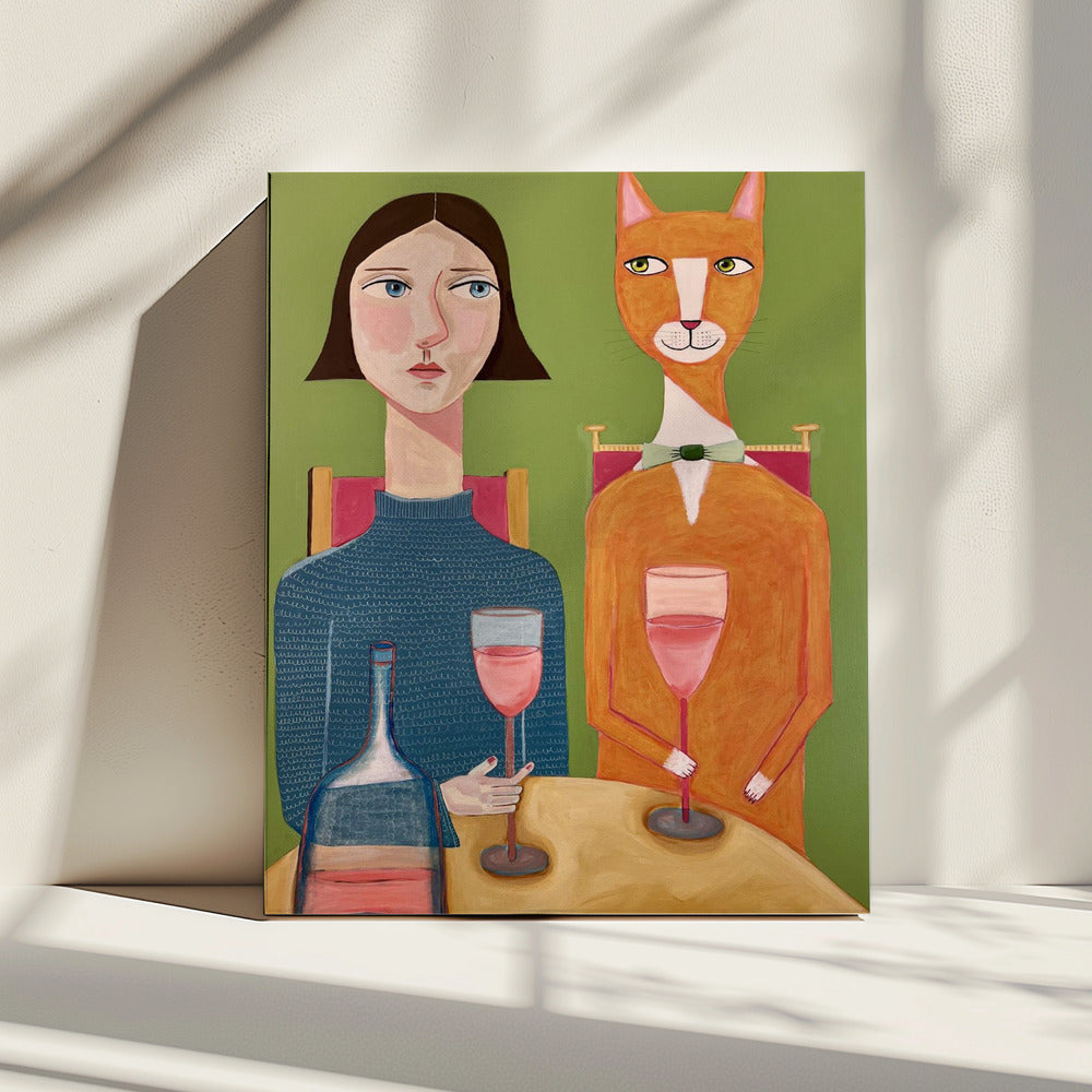 Lady and Cat Drinking Wine | Canvas