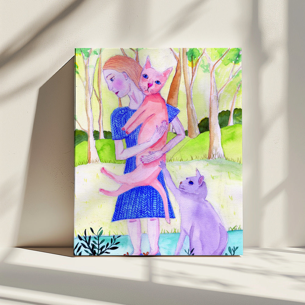 Lady with the pink and blue cat. | Canvas