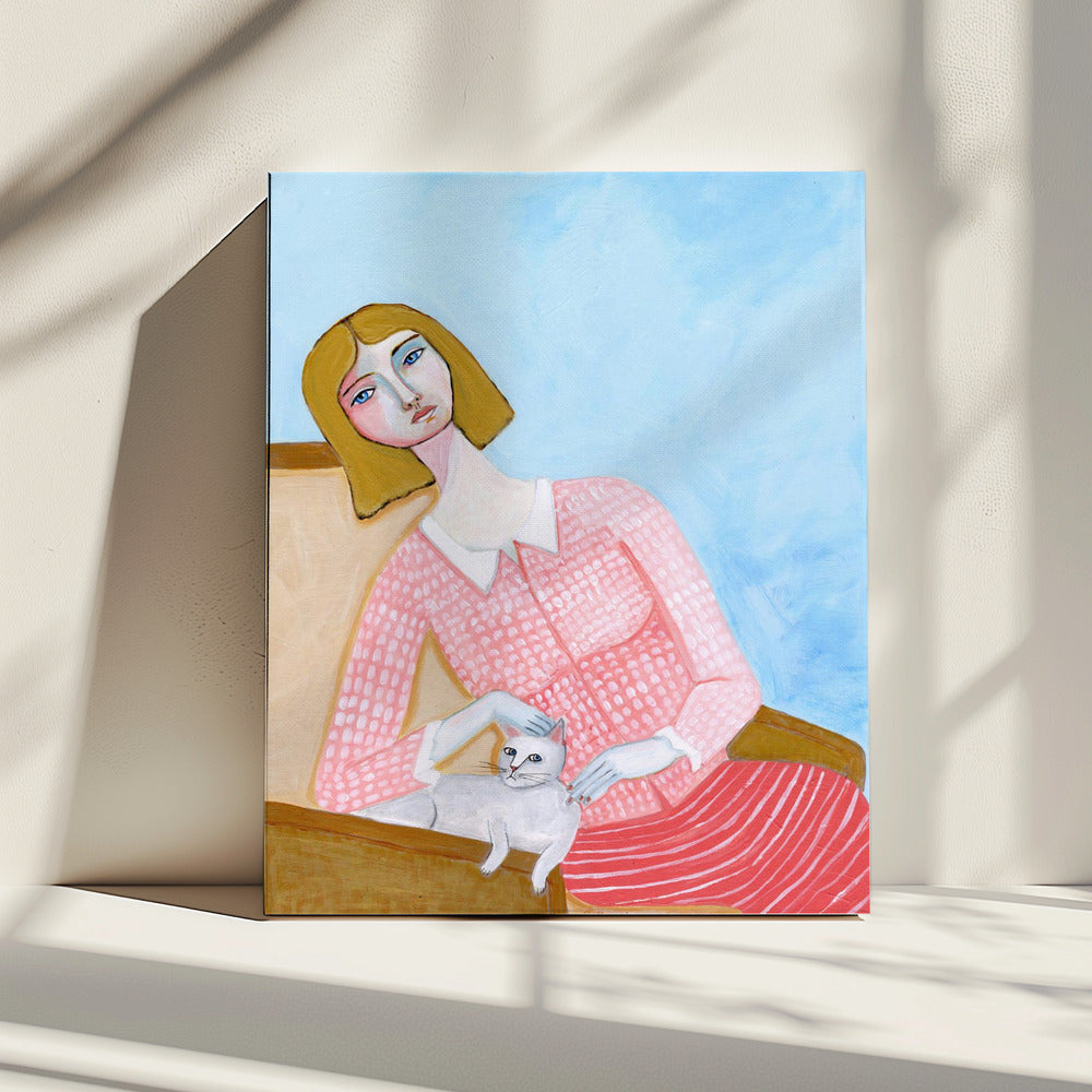 Lady with white cat | Canvas