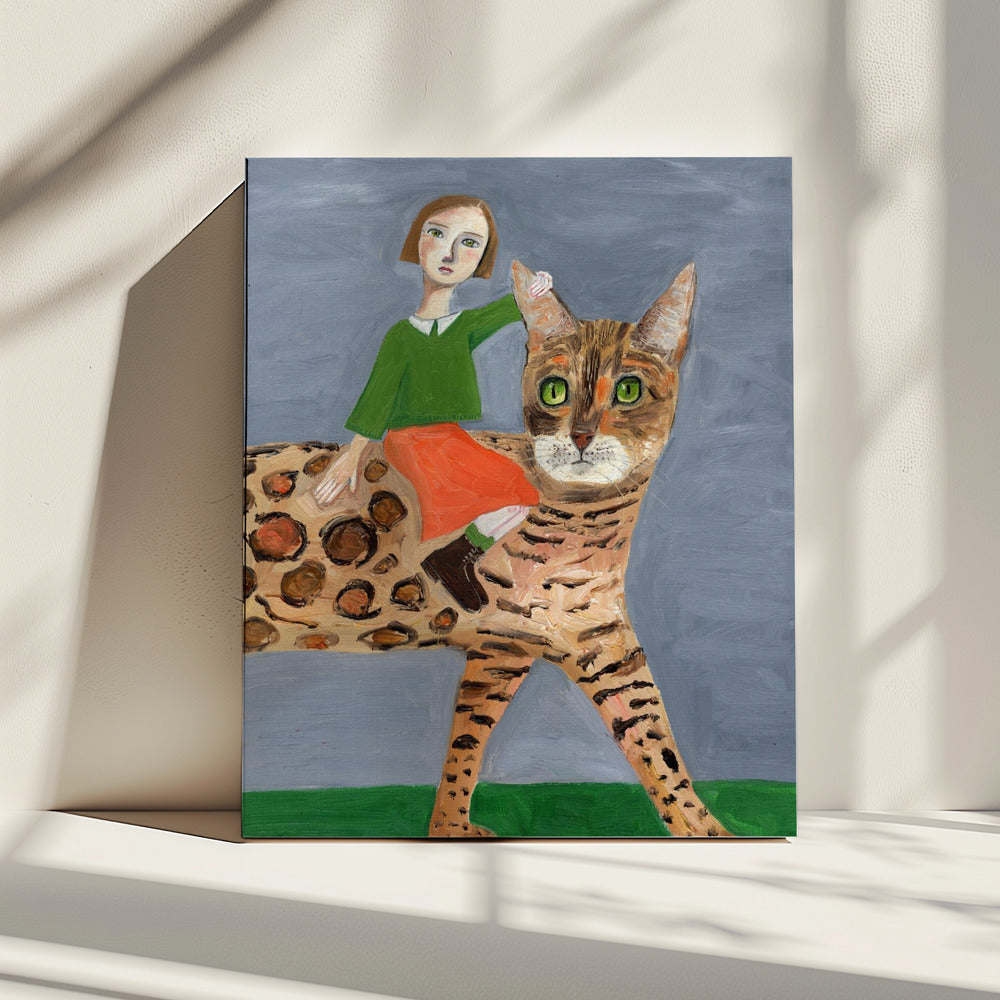 Girl on Bengal Cat | Canvas
