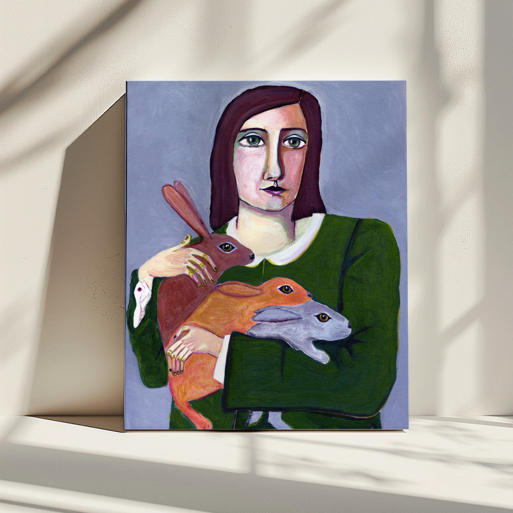 Lady with Three Rabbiets | Canvas